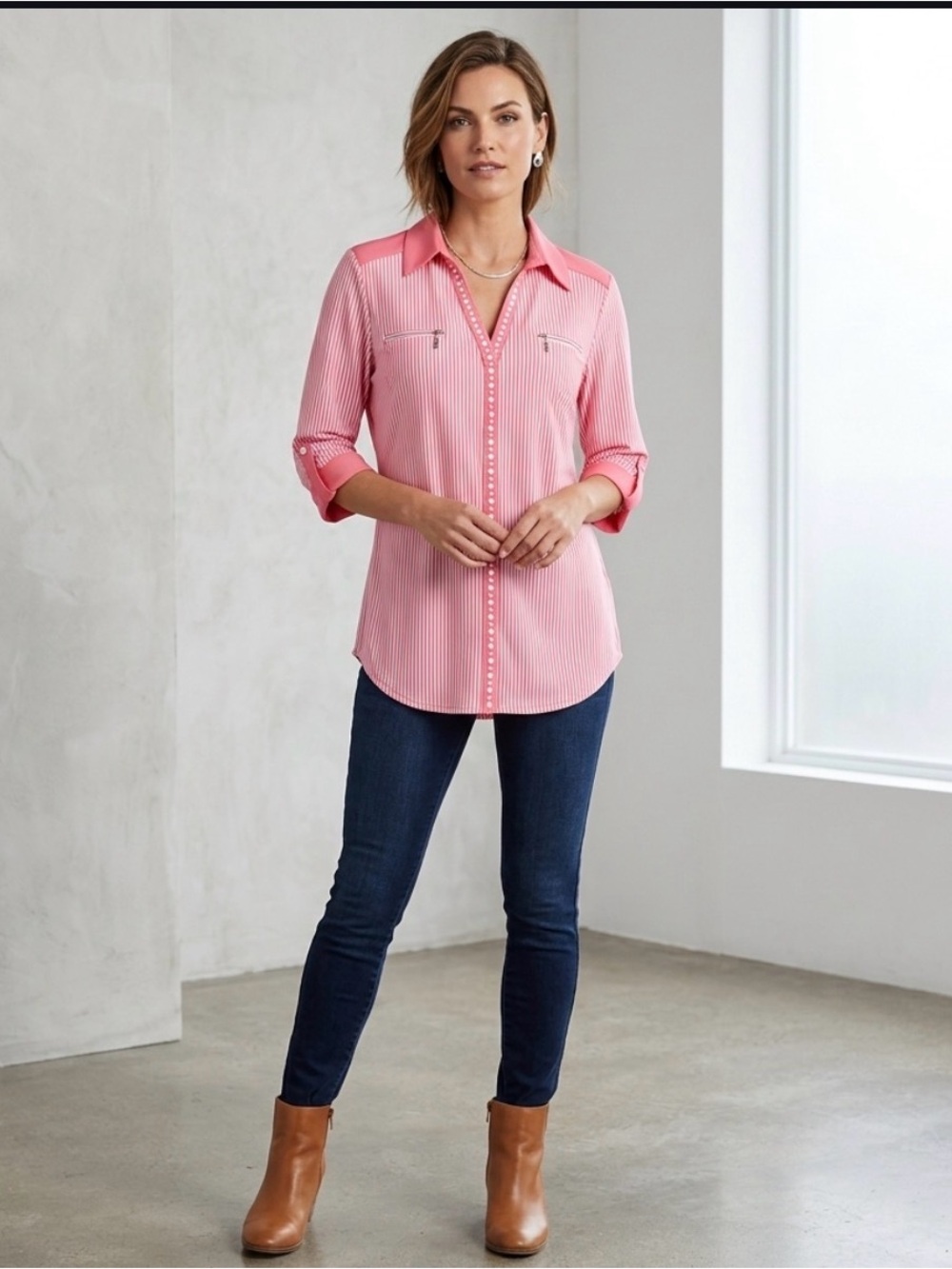 Nygard Top Blouse Tunic Women Petite M Striped Pink White 3/4 Sleeve Stretch